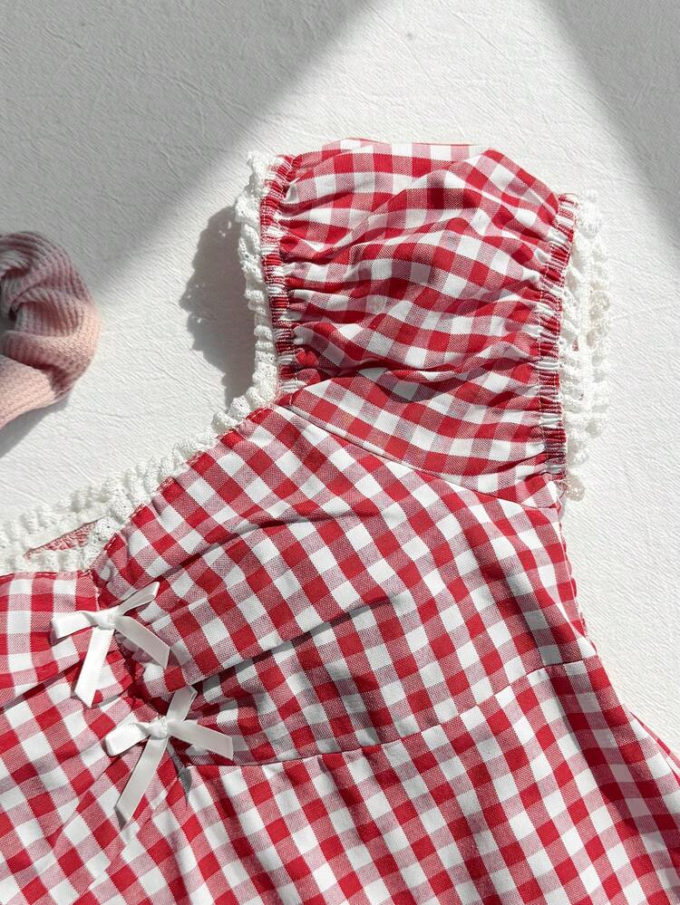 Tween Girl Casual Vacation Sweet Vintage Delicate Lace Trim Ribbon Bow Decor Minimalist Comfortable Plaid Backless Shirt, Spring/Summer - Red - View 3