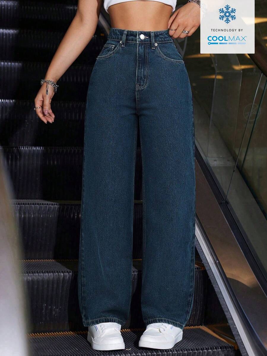 Jeanoix Quần jeans ống rộng nữ có túi và cúc, kiểu dáng thường ngày, đa năng. - Màu xanh lam - Xem 1