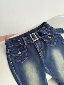 Elamini 女士时尚复古休闲百搭喇叭牛仔裤 - 藍色 - 查看 4