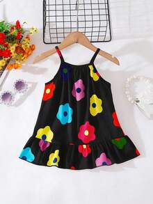 SHEIN Playful Pals 女婴休闲可爱多色条纹印花梭织连衣裙，夏季 - 黑色 - 查看 2