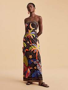 Travachic 女士多色印花无肩带连衣裙，度假款 - 黑色 - 查看 5