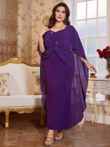 Reflora Plus Size Women Elegant Purple Dress,Formal Wedding Guest Party Dress,Sweetheart Neck Rhinestone & Faux Pearl Decor Bodycon Mermaid Hem,Autumn 2026 - Purple - View 7