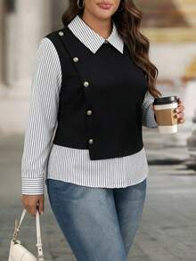 EMERY ROSE Plus Size Women Patchwork Striped Long Sleeve Button Design Casual Shirt Business Casual Women Shirts Office Blouses Blouses For Women Elegant Classy Shirts Elegant Shirts - Royal Blue - View 1