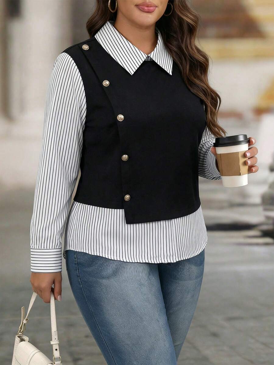 EMERY ROSE Plus Size Women Patchwork Striped Long Sleeve Button Design Casual Shirt Business Casual Women Shirts Office Blouses Blouses For Women Elegant Classy Shirts Elegant Shirts - Royal Blue - View 1
