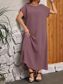 EMERY ROSE Plus Size Casual Solid Color Round Neck Short Sleeve Dress For Summer/ Vacation, Summer Dresses - Purple - View 6