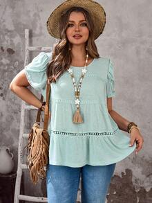 EMERY ROSE Plus Size Solid Color Round Neck Ruffle Hem Casual Short Sleeve T-Shirt - Mint Green - View 6