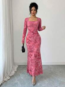 SHEIN Elenzya Đầm midi đuôi cá thanh lịch thắt eo, cổ thiên nga, in họa tiết hoa dành cho nữ, thích hợp cho các bữa tiệc và sự kiện. - Nhiều màu - Xem 6