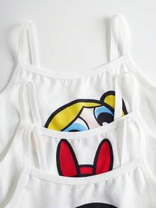 THE POWERPUFF GIRLS X SHEIN 少女花朵、泡泡、毛茛图案吊带背心和短裤内衣套装 - 白色 - 查看 7