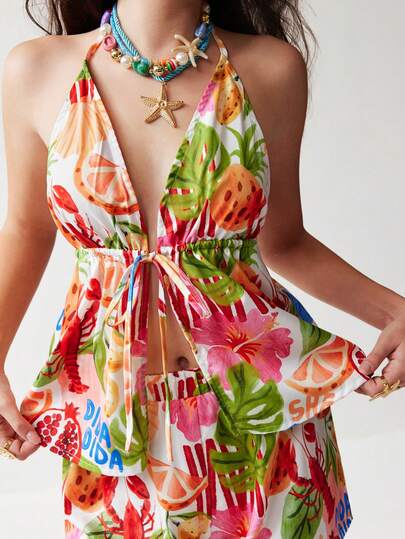 Soleia Conjunto de 2 piezas de top camisola con escote en V y atar al frente y shorts súper cortos sueltos con estampado de leopardo clásico, adecuado para citas, fiestas, calles de la ciudad, vacaciones