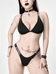 ROMWE Grunge Punk 女士暗黑街头朋克金属镂空三角杯丁字裤内衣套装，性感 - 黑色 - 查看 1