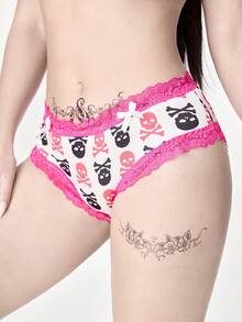 ROMWE Kawaii 女士可爱性感骷髅蕾丝蝴蝶结装饰内裤 - 白色 - 查看 4