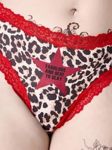 ROMWE Grunge Punk Gothic Punk Leopard Print Star Font Narrow Lace Thong Panties - Multicolor - View 2