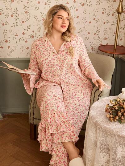 大码女式春秋季法式浪漫碎花翻领长袖上衣搭配多层荷叶边阔腿裤睡衣套装