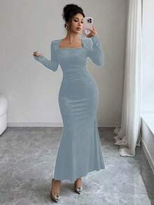 Elenzga Women's Turtleneck Velvet Gold Elastic Knit Bodycon Dress, Elegant Ruched Mermaid Hem Midi Dress For Commute, Date, Party - Baby Blue - View 3