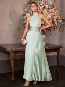 MOTF Soiréza VESTIDO DE FIESTA DE SATÉN PLISADO CON CUELLO DE HALTER ESTILO SIRENA PARA MUJER, PRIMAVERA/VERANO - Verde - Ver 6