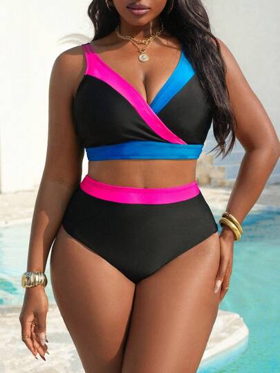 Slaydiva European And American Style Color Block Splice Swimsuit For Women, High Waist Tummy Control Tankini Swimwear For Surfing & Hot Spring