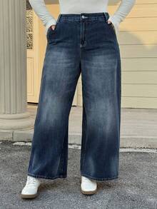 Dazy Plus 水洗做旧宽松阔腿长牛仔裤，休闲街头风，四季皆宜 - 深色水洗藍 - 查看 3