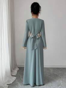 Rafferiza Women's Solid Light Gray-Green V-Neck Waist Cinched Long Sleeve A-Line Ruffle Trim Cinched Waist Robe, Women's Long Robe Turkish Abaya, Arab Long Robe For Fall - Gray green - View 2