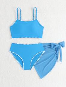 SHEIN 少女三件套比基尼套装 - 甜美时尚简约设计，天蓝色纯色上衣和下装，贝壳刺绣滚边，搭配天蓝色纯色半身裙，针织面料，三件套，时尚休闲，精致优雅，尽显淑女风范，适合游泳、夏季假期、夏季海滩和沿海地区、泳池、派对、夏季度假派对、休闲出游等场合。少女比基尼套装，含半身裙，蓝色泳装，适合少女沙滩穿着，比基尼套装含纱笼裙。 - 藍色 - 查看 7
