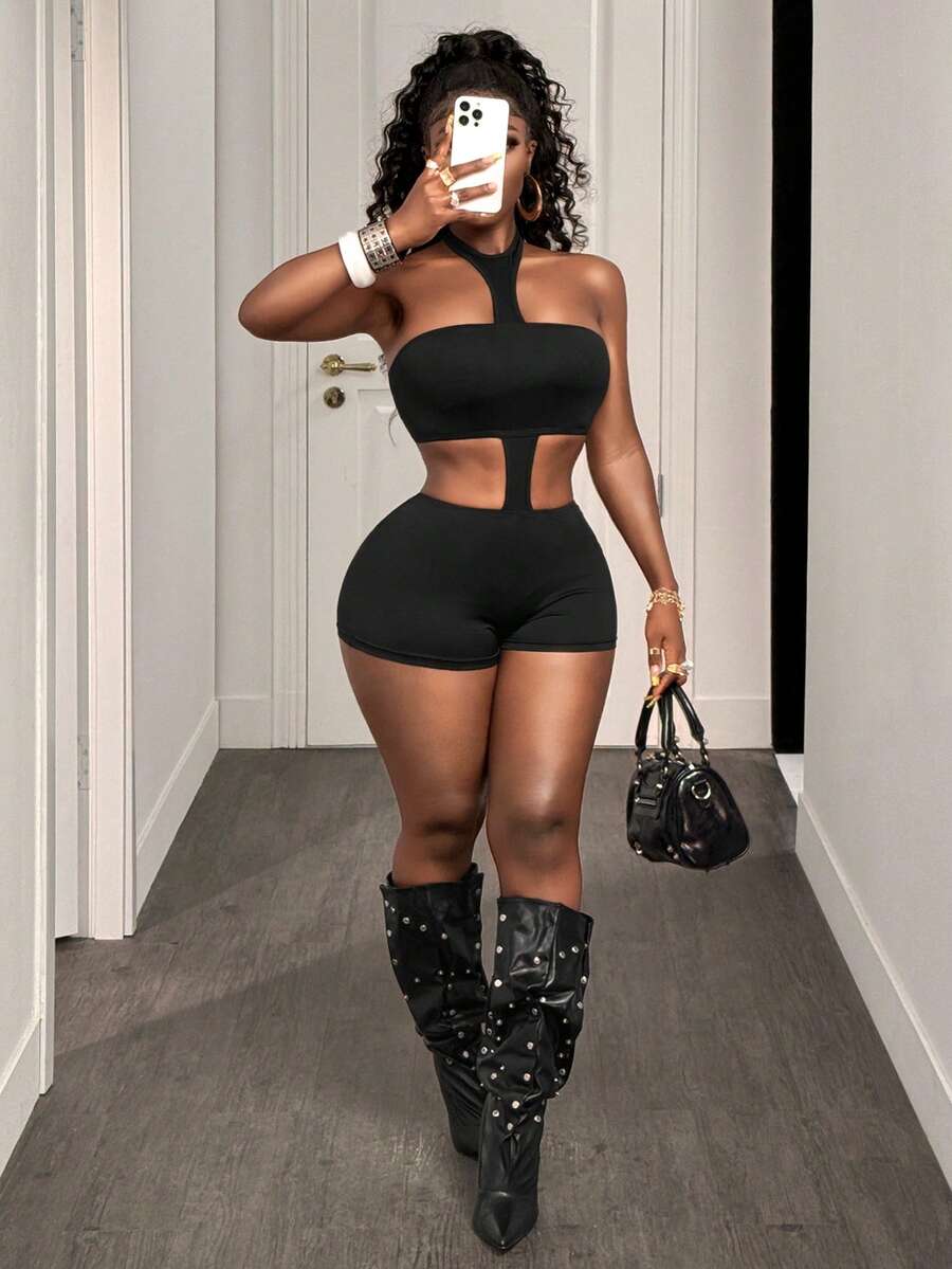 BamGleam 镂空交叉性感连体裤，女士休闲黑色连体裤，无肩带露背短款上衣紧身短裤，性感露肤设计，显瘦拉长身形的一体式服装 - 黑色 - 查看 1