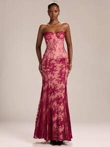 SHEIN BAE Women's Elegant Lace Mermaid Hem Skirt, ,Suitable For Wedding Season, Graduation Season, Night Out, Party Activities, Travel, Party Festivals,Women's Elegant Skirt,Red Skirt - Red - View 3