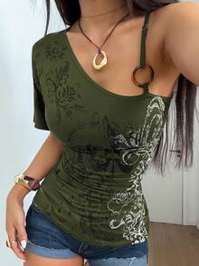 StreetHx Women's Summer Fashion Street Casual Asymmetrical Neck Ruffle Fitted T-Shirt - Army Green - View 4