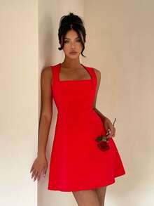 Aloruh Vestido de mezclilla de diseño sin espalda y sin mangas de unicolor de moda para mujer - Rojo - Ver 6