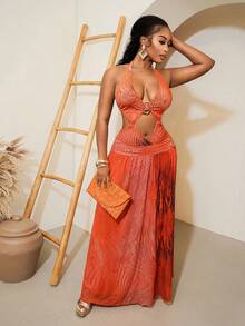 SHEIN BamGlam Đầm xẻ cao, cổ chữ V sâu, họa tiết động vật, phối màu gradient, gợi cảm mới. - trái cam - Xem 4