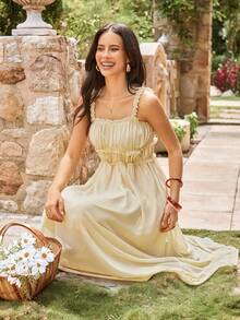 KARISMINA Women's Spring Summer Vacation Beige Solid Color Frill Trim Ruched Elegant Waist Midi Dress, Suitable For Elegant Vacation/Resort Wear, Spring/Summer,Wedding Guests Dres - Pale Yellow - View 4