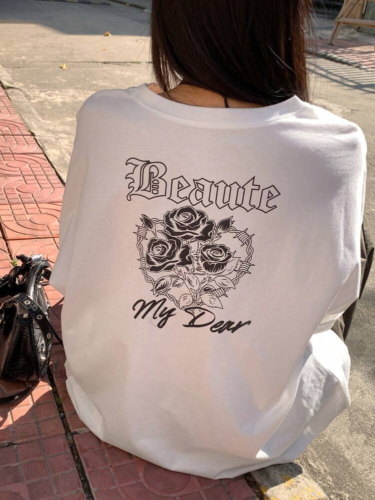 Women's Round Neck Floral & Letter Print Casual Versatile Daily Short Sleeve T-Shirt Graphic Tees Women Oversized