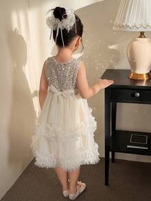 DAZY Girls Toddler Sequin Mesh Round Neck Sleeveless Apricot Party Dress - Apricot - View 6