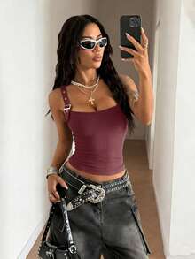 StreetHx Women's Fashion Square Neck Adjustable Strap Camisole Tank Top, Summer - Maroon - View 3