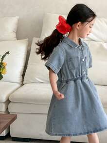 DAZY Young Girl' Denim Collared Short Sleeve Dress - Blue - View 5