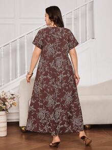 Al Najma Plus Size Short Sleeve Printed Fringe Long Casual Turkish Maxi Dress, Arabic Traditional Style - Coffee Brown - View 2