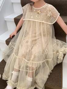 DAZY Young Girl Round Neck Sequin Mesh Ruffle Trim Cute Elegant Party Dress - Apricot - View 1