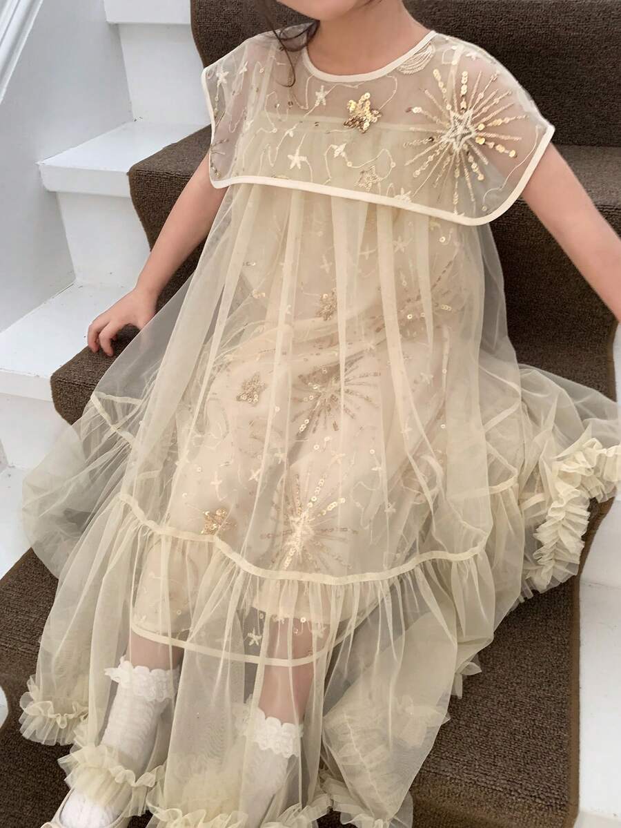 DAZY Young Girl Round Neck Sequin Mesh Ruffle Trim Cute Elegant Party Dress - Apricot - View 1