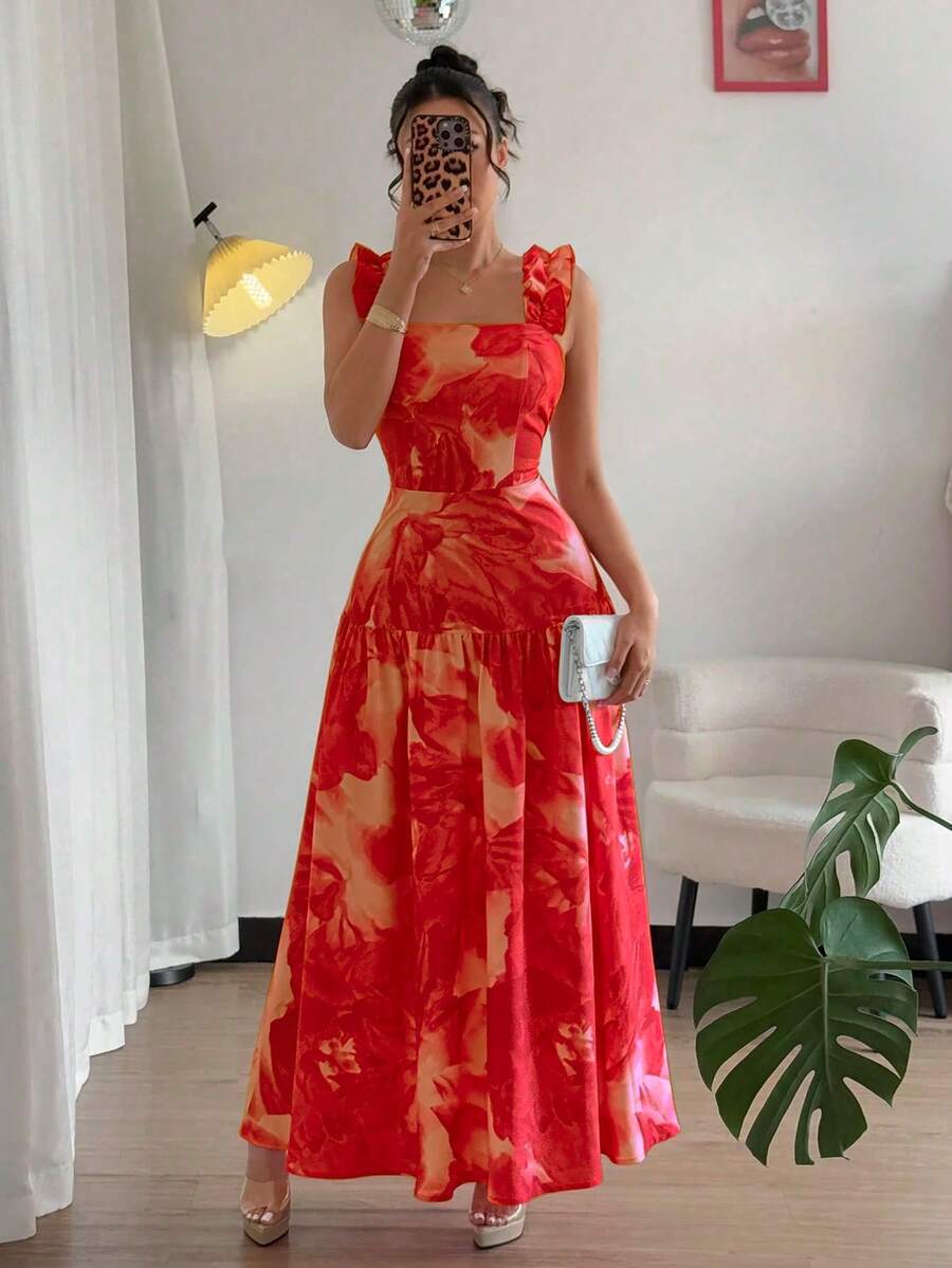 Elenzga Đầm slip không tay dáng chữ A, cổ vuông, eo thắt, họa tiết hoa ngẫu nhiên, viền bèo nhún, màu hồng và hồng cánh sen nhuộm tie-dye, thích hợp cho mùa xuân/hè. - Nhiều màu - Xem 1