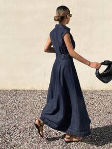 Livesso 女士无袖翻领收腰纯色牛仔连衣裙 - 藍色 - 查看 2