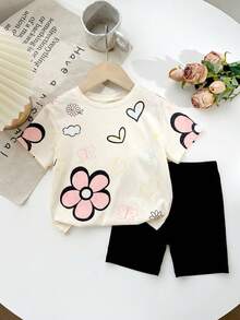 SHEIN LMoss Kids 女童休闲碎花短袖上衣短裤套装（2件套），适合夏季穿着 - 彩色 - 查看 1