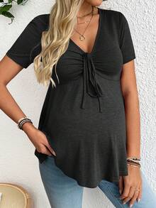 SHEIN Maternity Casual V-Neck Ruched Knot Front Short Sleeve Babydoll Top, Solid Color, Versatile For Daily Commute, Summer - Grey - View 4