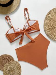 Swim Vcay 女士泳装比基尼，纯橙色3D装饰比基尼，复古高腰泳裤内置胸罩露脐背心吊带泳装，适合度假、海滩、花园婚礼宾客穿着，优雅女装，情人节新年派对度假套装，都市海滩波西米亚风2026春夏沙滩装 - 橘色 - 查看 4