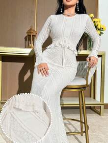 Modelyn Women's Round Neck Long Sleeve Ruffle Waist Tie Fitted Elegant Lace Dress - Apricot - View 2