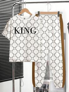 SHEIN 男童新款休闲复古花卉英文字母“King”运动风美式撞色撞色圆领短袖T恤和裤子套装 - 白色 - 查看 2