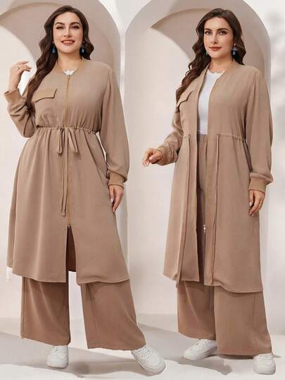 Lacomfia Women's Casual Ribbed Collar Drawstring Waist Utility Style Long Sleeve Top And Wide Leg Pants Two Pieces Set, Versatile & Minimalist, Plus Size