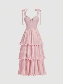 SHEIN MOD 女士纯色扭结褶皱肩部打结设计优雅收腰长款派对连衣裙 - 粉色 - 查看 5