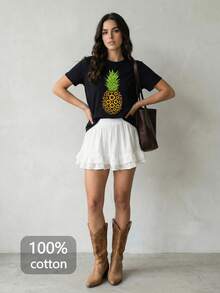 Elaire 女士菠萝印花圆领短袖休闲百搭T恤 - 黑色 - 查看 3
