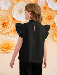 SHEIN Áo kiểu nữ tuổi teen, màu trơn, chất liệu dệt kim, viền bèo nhún, trang trí nơ lớn, kiểu dáng thanh lịch, phong cách nghỉ mát Pháp, thích hợp cho mùa tựu trường. - màu đen - Xem 2