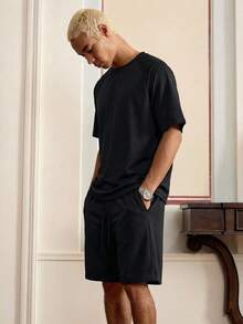 Manfinity Unisex Men's Black Casual Numeric Embroidery Short Sleeve T-Shirt And Shorts Set, Summer - Black - View 2