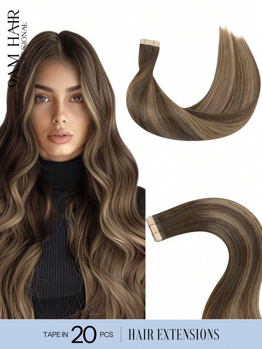 20PCS Straight Tape In Human Hair Extensions 100% Real Remy Human Hair 14-24inches Natural High Quality 50G/Pack For Salon Silky Seamless Invisible PU Tape In Hair Extensions - S4/27/4 - View 1