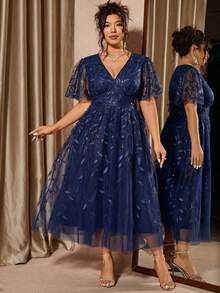 Cravure Plus Size Elegant Party Red V-Neck Mesh Sequin Ruffle Hem Dress - Navy Blue - View 9